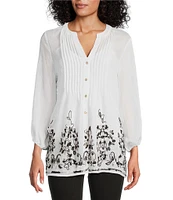 Figueroa & Flower Embroidered Mandarin Collar 3/4 Sleeve Pintuck Detail Button Front Blouse