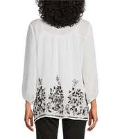 Figueroa & Flower Embroidered Mandarin Collar 3/4 Sleeve Pintuck Detail Button Front Blouse