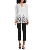 Figueroa & Flower Embroidered Mandarin Collar 3/4 Sleeve Pintuck Detail Button Front Blouse