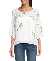 Figueroa & Flower Embroidered Scoop Neck 3/4 Sleeve Blouse