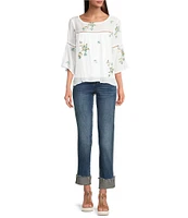 Figueroa & Flower Embroidered Scoop Neck 3/4 Sleeve Blouse