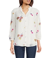 Figueroa & Flower Embroidered Woven Ruffled V-Neck 3/4 Sleeve Button-Front Blouse