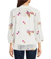 Figueroa & Flower Embroidered Woven Ruffled V-Neck 3/4 Sleeve Button-Front Blouse