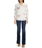 Figueroa & Flower Embroidered Woven Ruffled V-Neck 3/4 Sleeve Button-Front Blouse