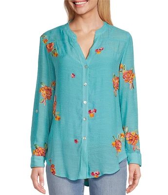 Figueroa & Flower Floral Embroidery Band Split V-Neck Roll-Tab Sleeve Button Down Shirt