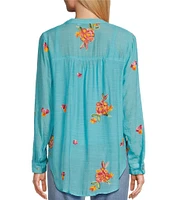 Figueroa & Flower Floral Embroidery Band Split V-Neck Roll-Tab Sleeve Button Down Shirt