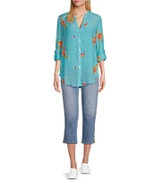 Figueroa & Flower Floral Embroidery Band Split V-Neck Roll-Tab Sleeve Button Down Shirt