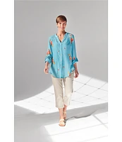 Figueroa & Flower Floral Embroidery Band Split V-Neck Roll-Tab Sleeve Button Down Shirt