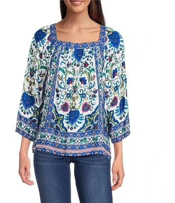 Figueroa & Flower Mckenna Jacquard Printed Square Neck 3/4 Sleeve Pintuck Detail Tunic