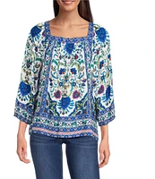 Figueroa & Flower Mckenna Jacquard Printed Square Neck 3/4 Sleeve Pintuck Detail Tunic