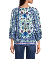 Figueroa & Flower Mckenna Jacquard Printed Square Neck 3/4 Sleeve Pintuck Detail Tunic