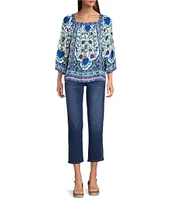 Figueroa & Flower Mckenna Jacquard Printed Square Neck 3/4 Sleeve Pintuck Detail Tunic
