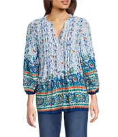 Figueroa & Flower Petite Size Alana Printed Banded Split V-Neck 3/4 Sleeve Pintuck Detail Shirt