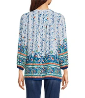 Figueroa & Flower Petite Size Alana Printed Banded Split V-Neck 3/4 Sleeve Pintuck Detail Shirt