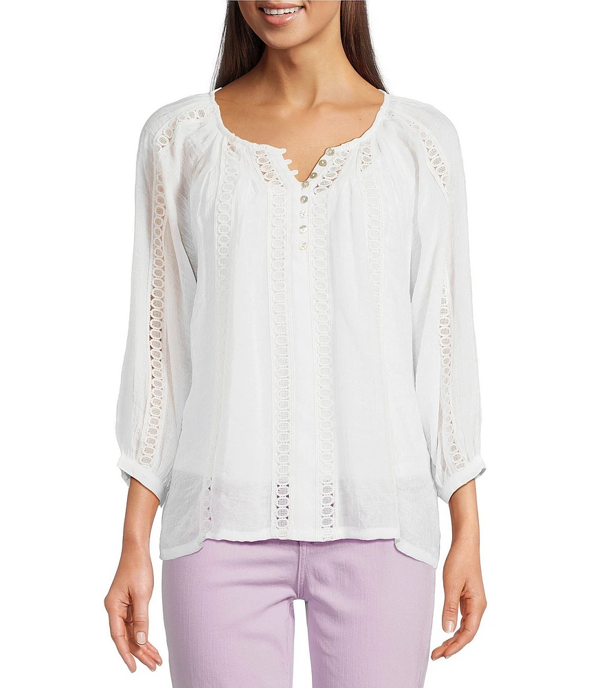 Figueroa & Flower Petite Size Embriordered Crew Neck 3/4 Bell Sleeve Lace Detail Blouse
