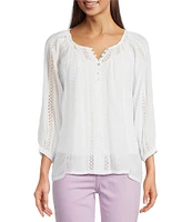 Figueroa & Flower Petite Size Embriordered Crew Neck 3/4 Bell Sleeve Lace Detail Blouse