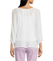 Figueroa & Flower Petite Size Embriordered Crew Neck 3/4 Bell Sleeve Lace Detail Blouse
