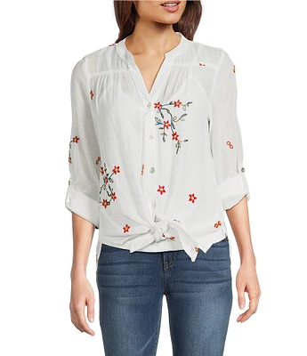 Figueroa & Flower Petite Size Embroidered Floral Y-Neck Long Roll-Tab Sleeve Button Front Blouse