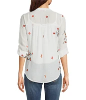 Figueroa & Flower Petite Size Embroidered Floral Y-Neck Long Roll-Tab Sleeve Button Front Blouse