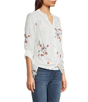 Figueroa & Flower Petite Size Embroidered Floral Y-Neck Long Roll-Tab Sleeve Button Front Blouse