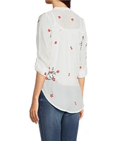 Figueroa & Flower Petite Size Embroidered Floral Y-Neck Long Roll-Tab Sleeve Button Front Blouse