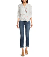 Figueroa & Flower Petite Size Embroidered Floral Y-Neck Long Roll-Tab Sleeve Button Front Blouse