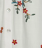 Figueroa & Flower Petite Size Embroidered Floral Y-Neck Long Roll-Tab Sleeve Button Front Blouse