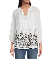 Figueroa & Flower Petite Size Embroidered Mandarin Collar 3/4 Sleeve Pintuck Detail Button-Front Blouse