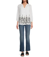 Figueroa & Flower Petite Size Embroidered Mandarin Collar 3/4 Sleeve Pintuck Detail Button-Front Blouse