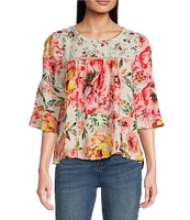 Figueroa & Flower Petite Size Mabela Floral Print Rayon Lace Inset Trim Scoop Neck 3/4 Ruffle Sleeve Top