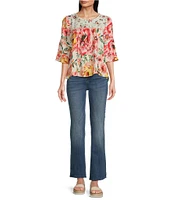 Figueroa & Flower Petite Size Mabela Floral Print Rayon Lace Inset Trim Scoop Neck 3/4 Ruffle Sleeve Top
