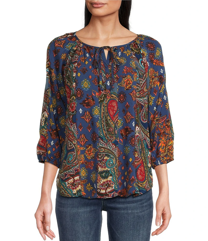 Figueroa & Flower Petite Size Mixed-Media Paisley Print Split Round Tie Neck Long Sleeve Top