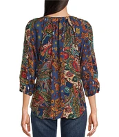 Figueroa & Flower Petite Size Mixed-Media Paisley Print Split Round Tie Neck Long Sleeve Top