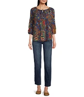 Figueroa & Flower Petite Size Mixed-Media Paisley Print Split Round Tie Neck Long Sleeve Top