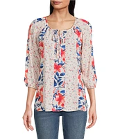 Figueroa & Flower Petite Size Printed Split V-Neck 3/4 Sleeve Top