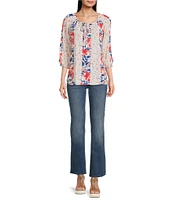 Figueroa & Flower Petite Size Printed Split V-Neck 3/4 Sleeve Top