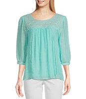 Figueroa & Flower Petite Size Scoop Neck 3/4 Sleeve Lace Yoke Blouse