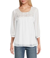 Figueroa & Flower Petite Size Scoop Neck 3/4 Sleeve Lace Yoke Blouse