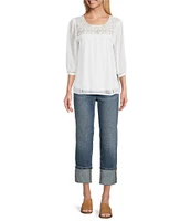 Figueroa & Flower Petite Size Scoop Neck 3/4 Sleeve Lace Yoke Blouse