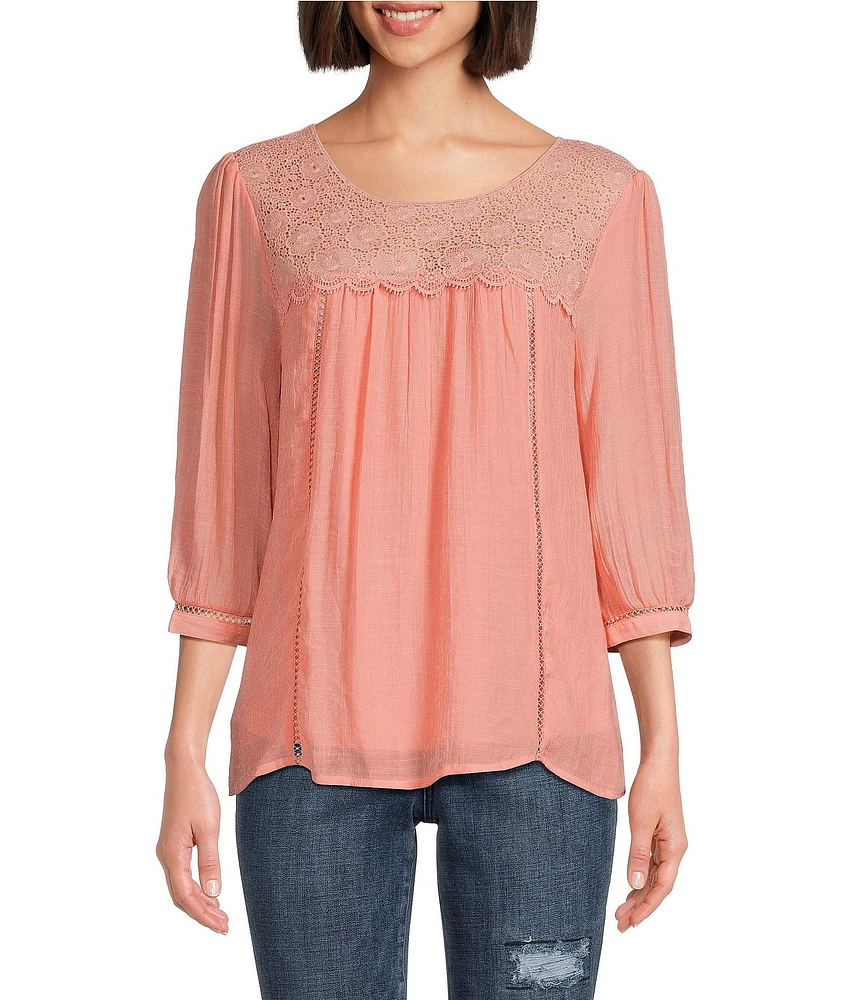 Figueroa & Flower Petite Size Scoop Neck 3/4 Sleeve Lace Yoke Blouse