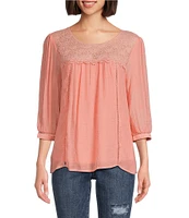 Figueroa & Flower Petite Size Scoop Neck 3/4 Sleeve Lace Yoke Blouse