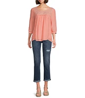Figueroa & Flower Petite Size Scoop Neck 3/4 Sleeve Lace Yoke Blouse