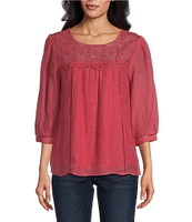 Figueroa & Flower Petite Size Scoop Neck 3/4 Sleeve Lace Yoke Blouse