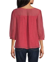 Figueroa & Flower Petite Size Scoop Neck 3/4 Sleeve Lace Yoke Blouse
