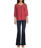 Figueroa & Flower Petite Size Scoop Neck 3/4 Sleeve Lace Yoke Blouse