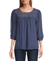 Figueroa & Flower Petite Size Scoop Neck 3/4 Sleeve Lace Yoke Blouse