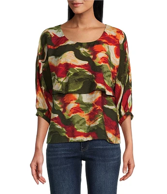 Figueroa & Flower Petite Size Tie Dye Print 3/4 Sleeve Double Layer Popover Blouse