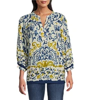 Figueroa & Flower Petite Size Woven Border Print Banded Split V-Neck Long Sleeve Shirt