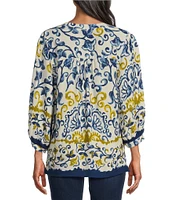 Figueroa & Flower Petite Size Woven Border Print Banded Split V-Neck Long Sleeve Shirt