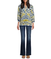 Figueroa & Flower Petite Size Woven Border Print Banded Split V-Neck Long Sleeve Shirt